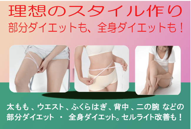 江南市 エステ:ダイエット、部分ダイエット(太もも、ウエスト、ぽっこりお腹、ふくらはぎ、二の腕など)、セルライト改善も。エステ+骨盤矯正で理想のスタイルづくり。施術も基本的には痛くなく、気持ちいい感じ。男性が施術しますが、基本的に女性向けです。性的に抵抗のある方は御遠慮ください。